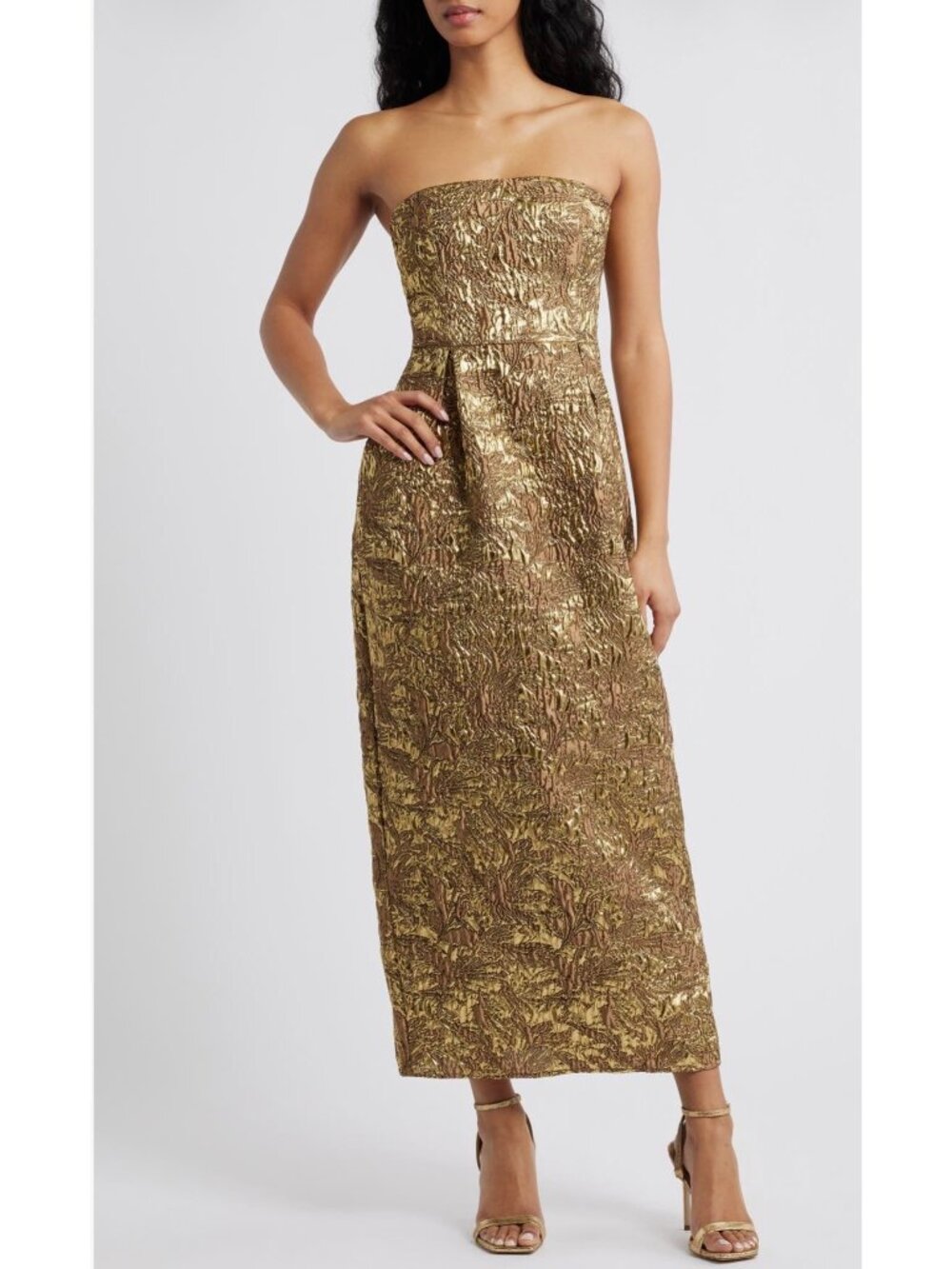 Lulus Kya Metallic Brocade gold Strapless Cocktail Dress size L